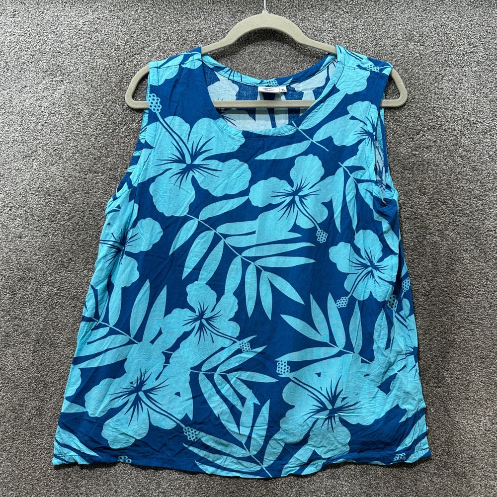 Makai Beach Hawaii Women XL Blue Hibiscus Floral Rayon Sleeveless Tank Top